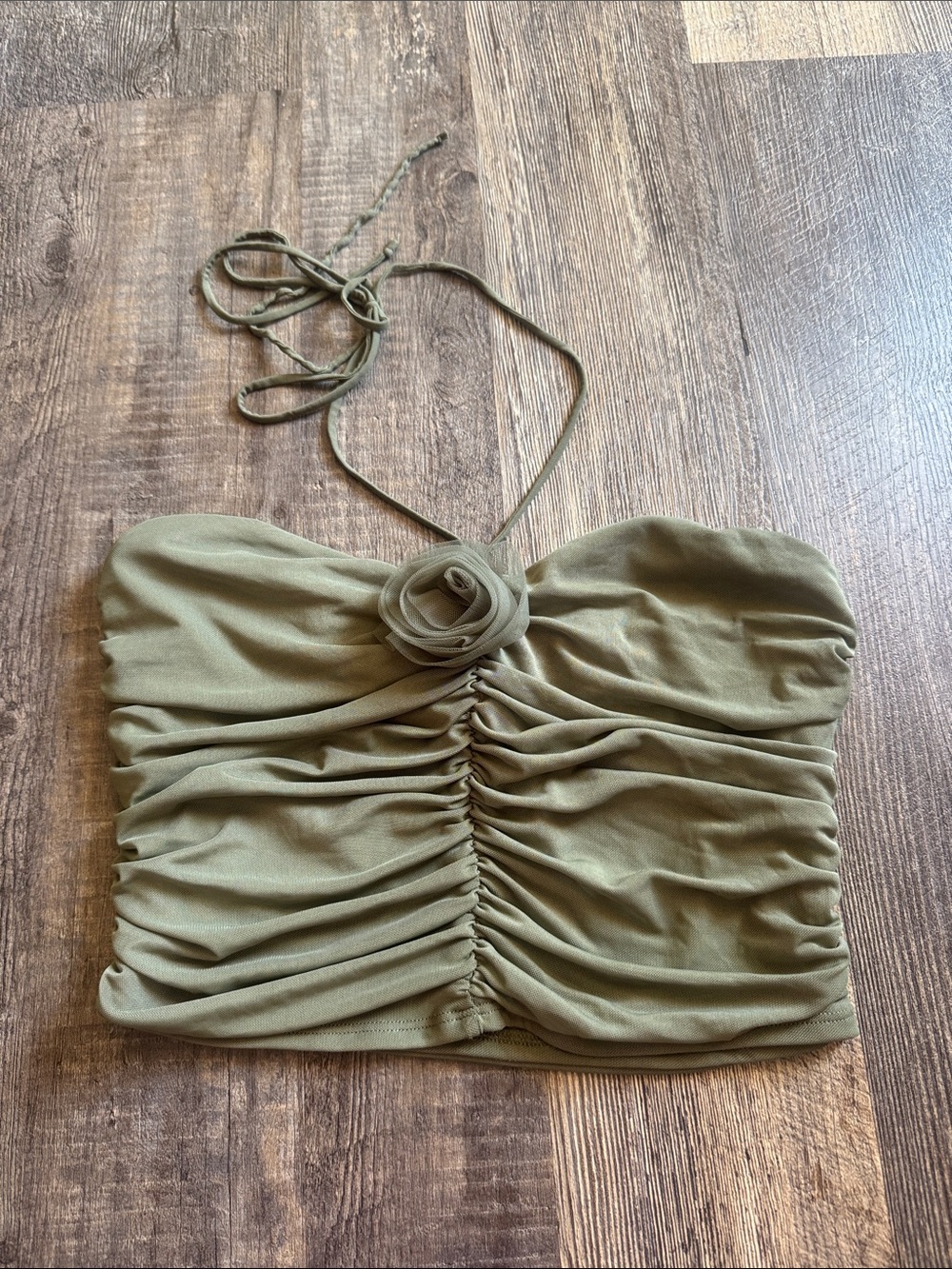 Olive Green Ruched Strapless Crop Top with Flower Accent